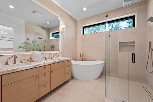 Modern bathroom with freestanding tub and double vanity